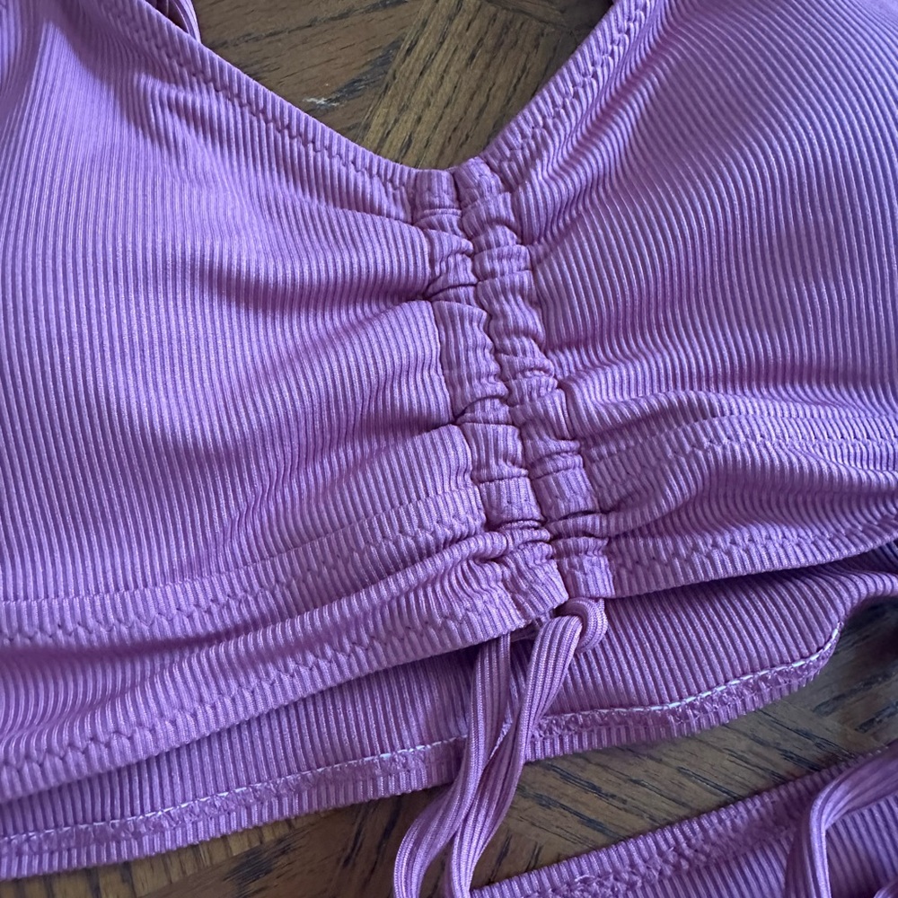 ZAFUL V Neck Bikini Set Ruched Tie Front High Waisted Ribbed 2 Piece 6 M - Picture 7 of 9